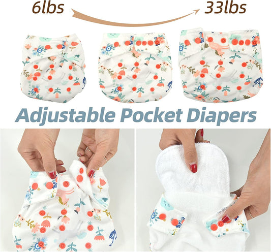 Miracle Baby Fraldas de pano para bebês Pacote com 10 fraldas reutilizáveis para recém-nascidos 5 fraldas de pano e 5 fraldas laváveis Fraldas de bolso superabsorventes ajustáveis para bebês