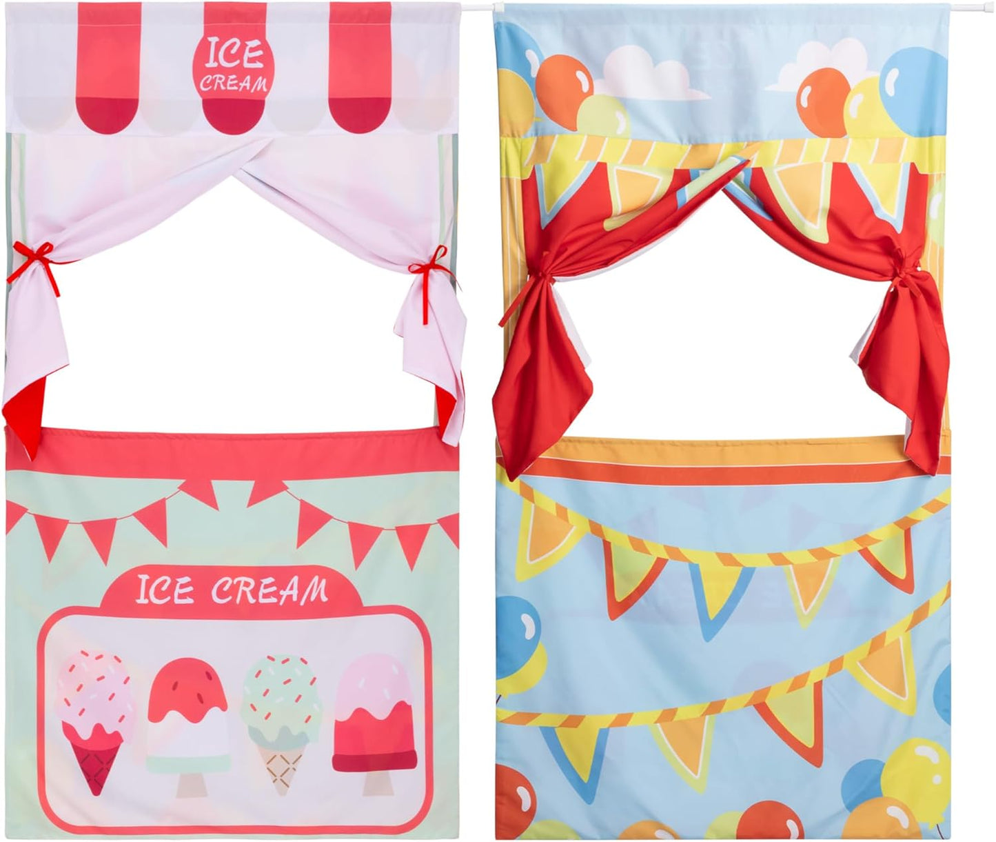 Navaris Teatro de fantoches de porta dupla face Cortina com haste - Escolha teatro infantil ou sorveteria - Para crianças, luva de marionetes, fantoches de mão ou de corda