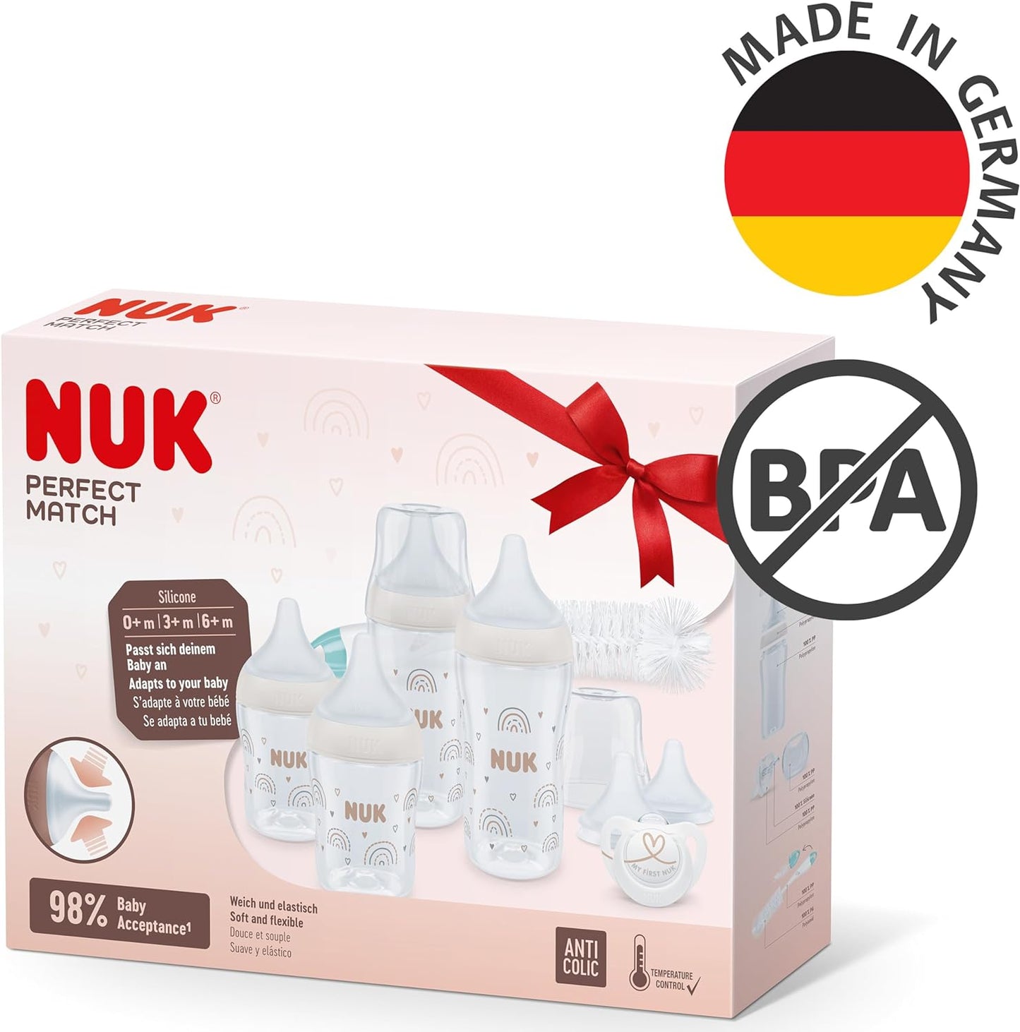 NUK Conjunto de mamadeiras Perfect Start Perfect Match | 0-6+ meses | Adapta-se ao Paladar do Bebê | 4 x mamadeiras anti-cólicas, manequim, escova de mamadeira e muito mais | Sem BPA | 9 Contagem