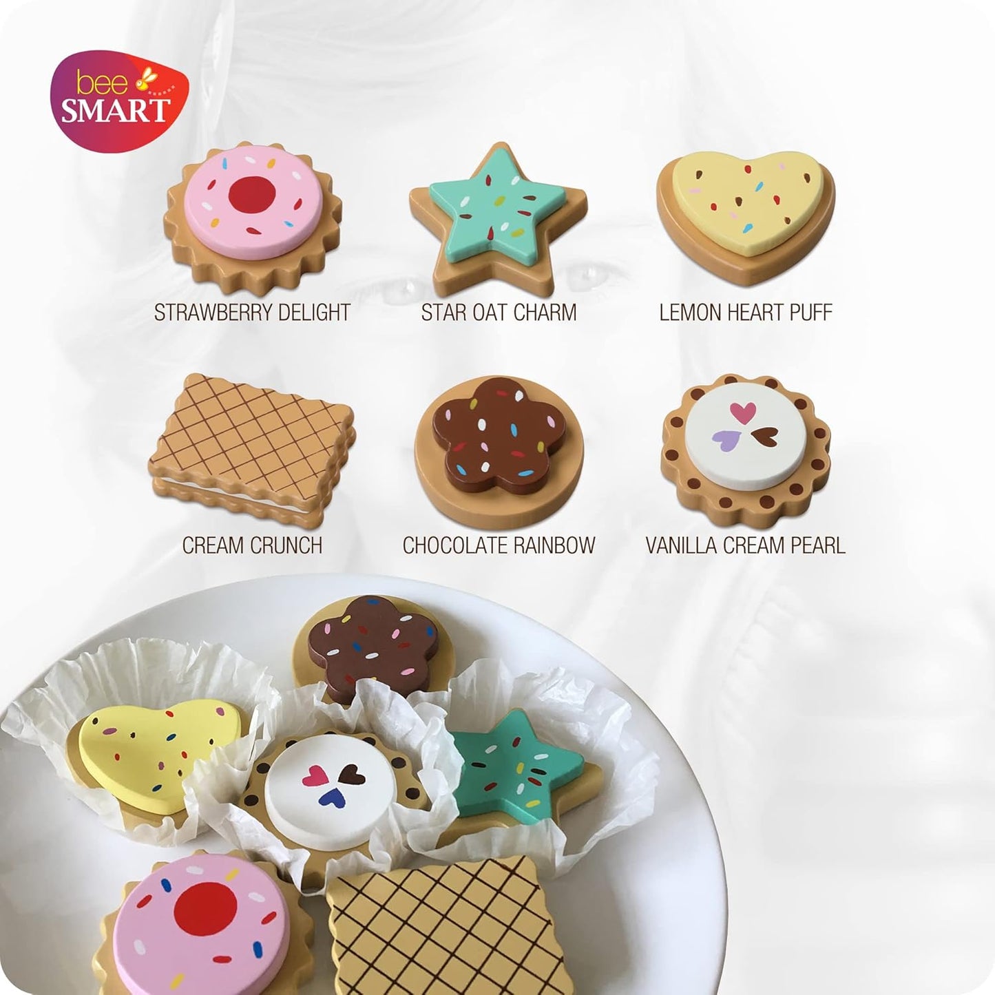 Bee Smart Biscoitos de brinquedo de madeira fingem brincar de comida com cartão de seleção e bandeja de papelão resistente