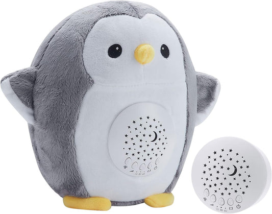 Meero London Penguin AKT13P Máquina de Ruido Blanco, Proyector de Luz Nocturna, Chupete de Peluche para Bebé con Proyector de Estrella Nocturna con 15 Canciones de Cuna Musicales - Pack de Regalo - Unisex
