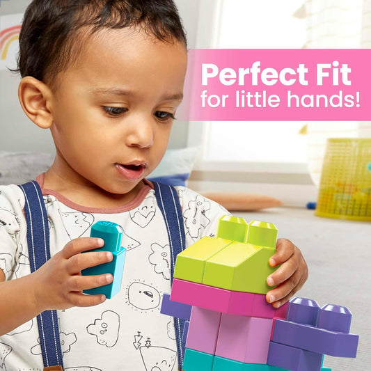 MEGA Brinquedos de bloco para crianças BLOKS Fisher-Price, bolsa de construção grande com 80 peças e bolsa de armazenamento, rosa, ideias de presentes para crianças de 1 ano ou mais, DCH62