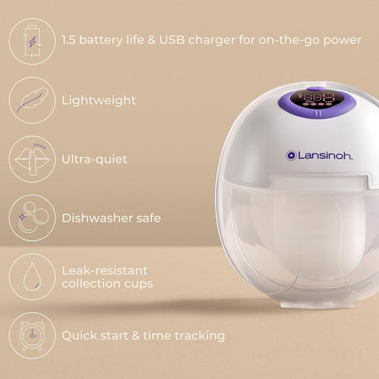 Lansinoh Bomba tira-leite elétrica vestível - 4 modos de bombeamento, 9 níveis de sucção - mãos livres, portátil e bombeamento silencioso - display LED - inclui 25 sacos de armazenamento de leite materno + mamadeira