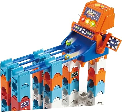 VTech Conjunto de caixa de construção e armazenamento Marble Rush, conjunto de construção para crianças, 5 bolinhas de gude e 62 peças de construção, Marble Run com lançador, brinquedo de construção, conjunto de pistas para 4, 5, 6 anos mais