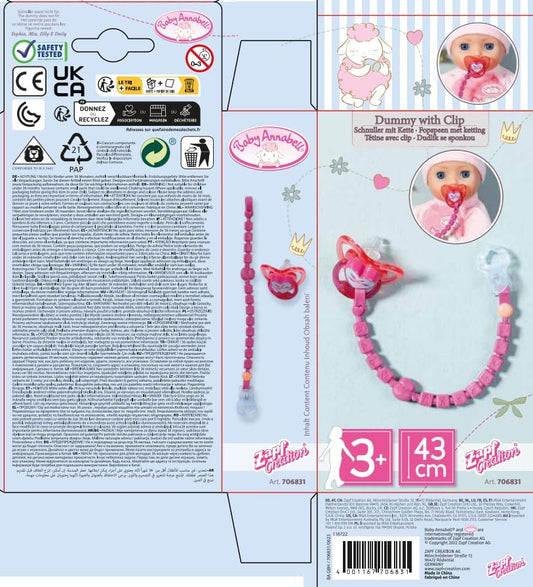 Baby Annabell Chupeta com prendedor 706831 - Acessório original projetado para bonecas e bebês - Inclui contas - Adequado para crianças a partir de 3 anos, Multicolorido