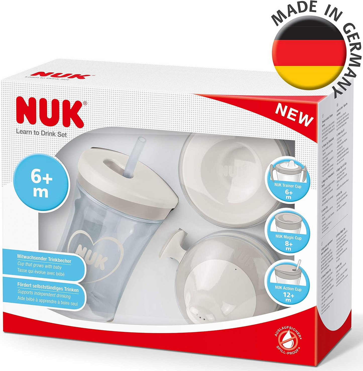 Conjunto NUK Learn to Drink com copo de treino para alunos (6M+) | Copo com palhinha Magic Cup 360° (8M+) e copo Action Cup para criança (12M+) | 230 ml | Livre de BPA | Cinza e Branco