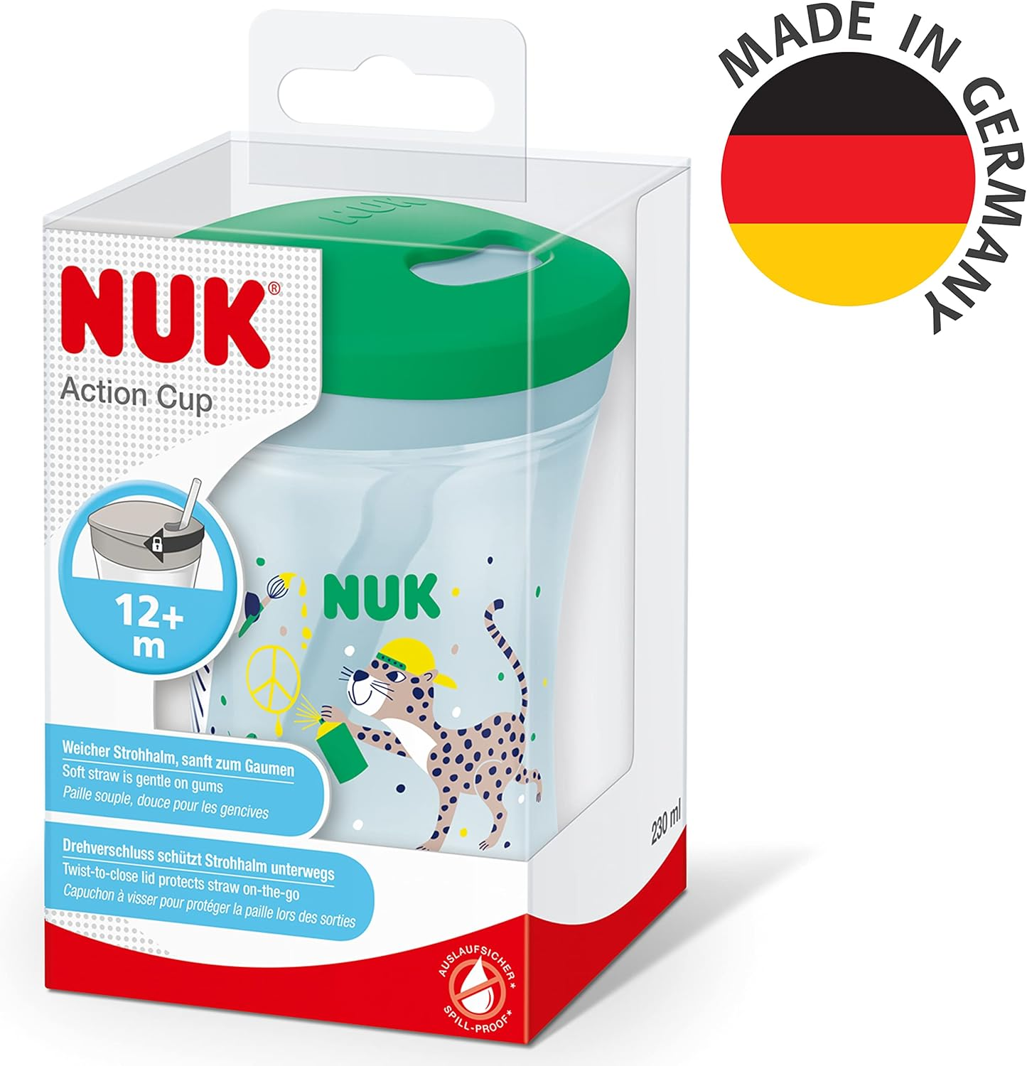 Copo NUK Action Cup para crianças pequenas | 12+ meses | Palhinha Twist Close Soft para Beber | À prova de fugas | Livre de BPA | 230ml | Cinza e Branco | 1 contagem
