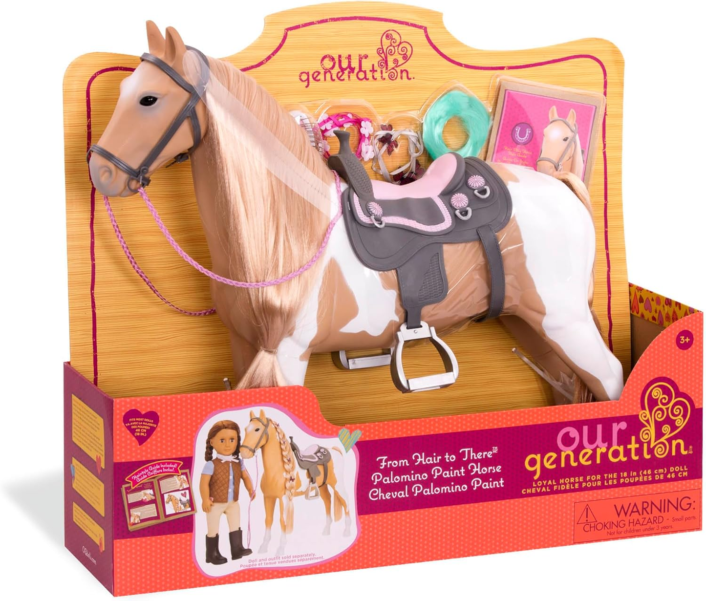 Our Generation Palomino Paint Horse – Cavalo de brinquedo de 50 cm com crina e cauda loiras compridas – Inclui conjunto de acessórios de 6 peças