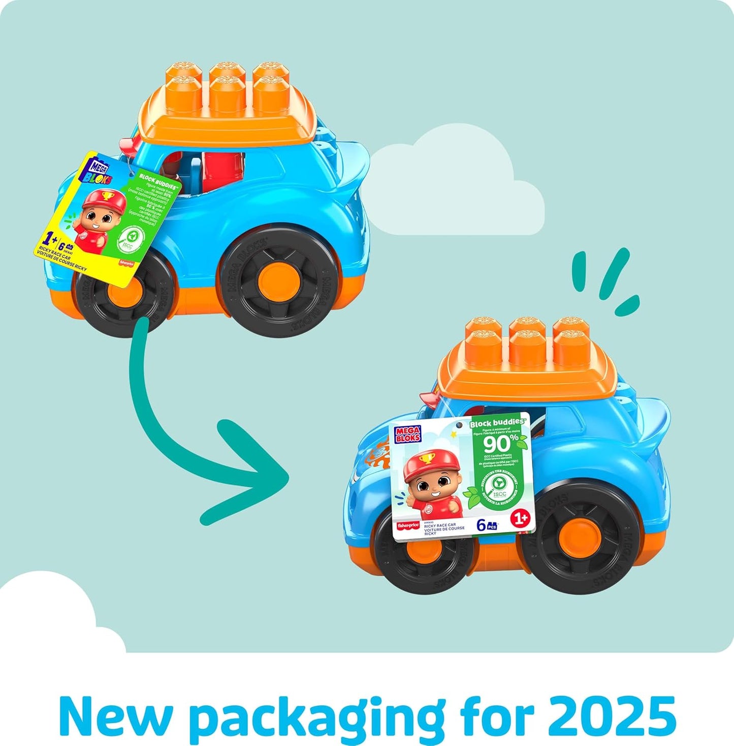 MEGA BLOKS Fisher-Price Toddler Building Blocks Toy Car, Ricky Race Car com 6 peças e armazenamento, 1 figura, azul, ideias de presentes para crianças de 1 ano ou mais, HKN41