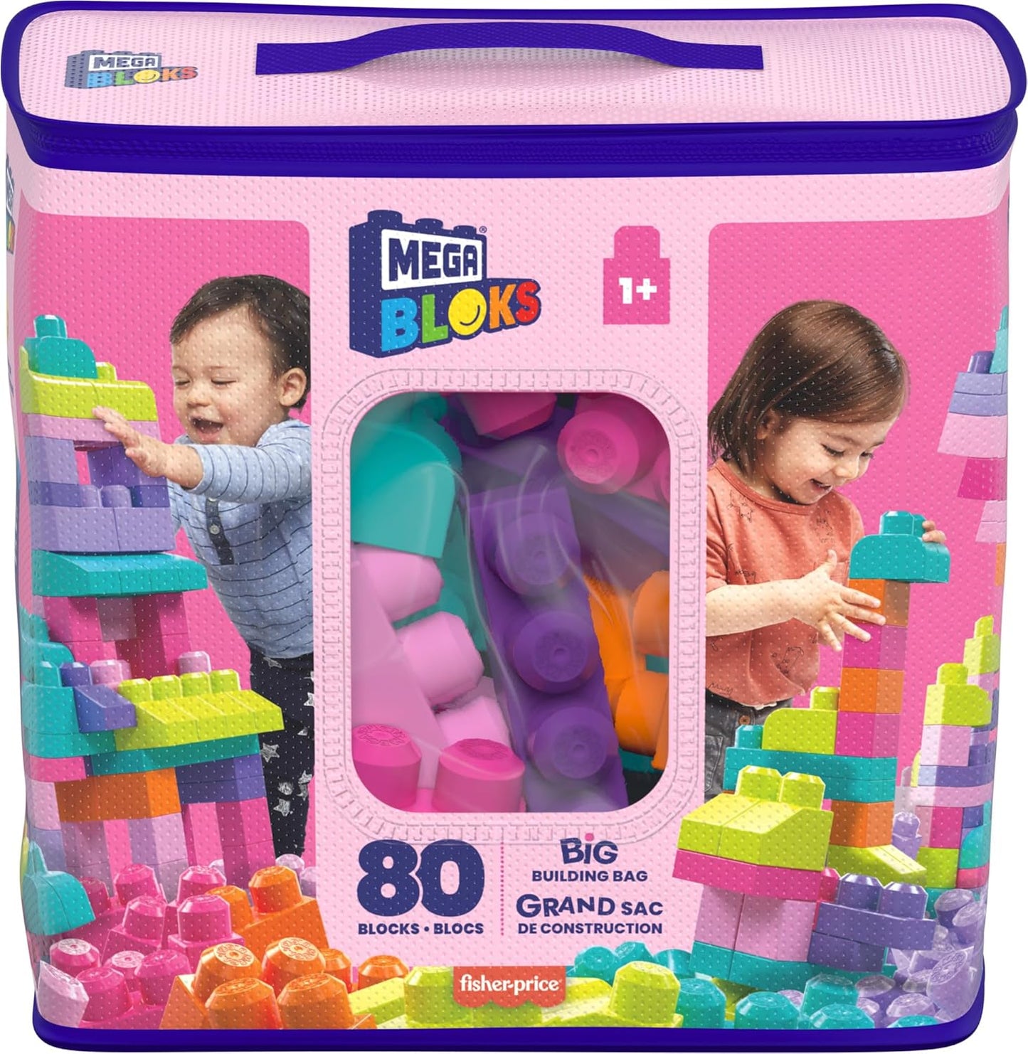MEGA Brinquedos de bloco para crianças BLOKS Fisher-Price, bolsa de construção grande com 80 peças e bolsa de armazenamento, rosa, ideias de presentes para crianças de 1 ano ou mais, DCH62