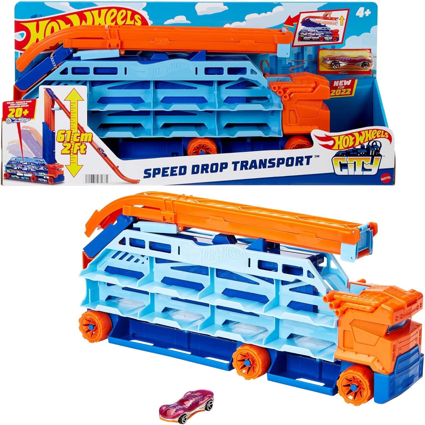 Hot Wheels Caminhão Transportador City Speed Drop, Inclui 1 Carrinho Hot Wheels, Capacidade para Mais de 20 Veículos em Escala 1:64, Transforma-se em uma Plataforma de Queda Livre de 60 cm de Altura, Ideal para Crianças a partir de 4 Anos, HDY92