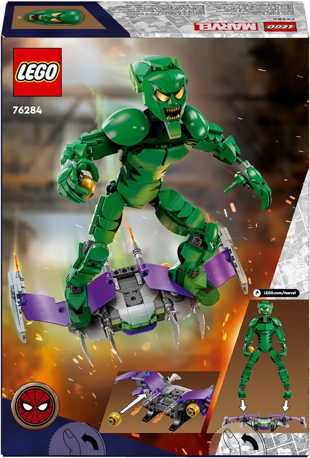 LEGO Figura de construção do Duende Verde da Marvel, brinquedo de construção de supervilão articulável para crianças, meninos e meninas de mais de 8 anos, com planador e bombas de abóbora, ideia de presente de super-herói 76284
