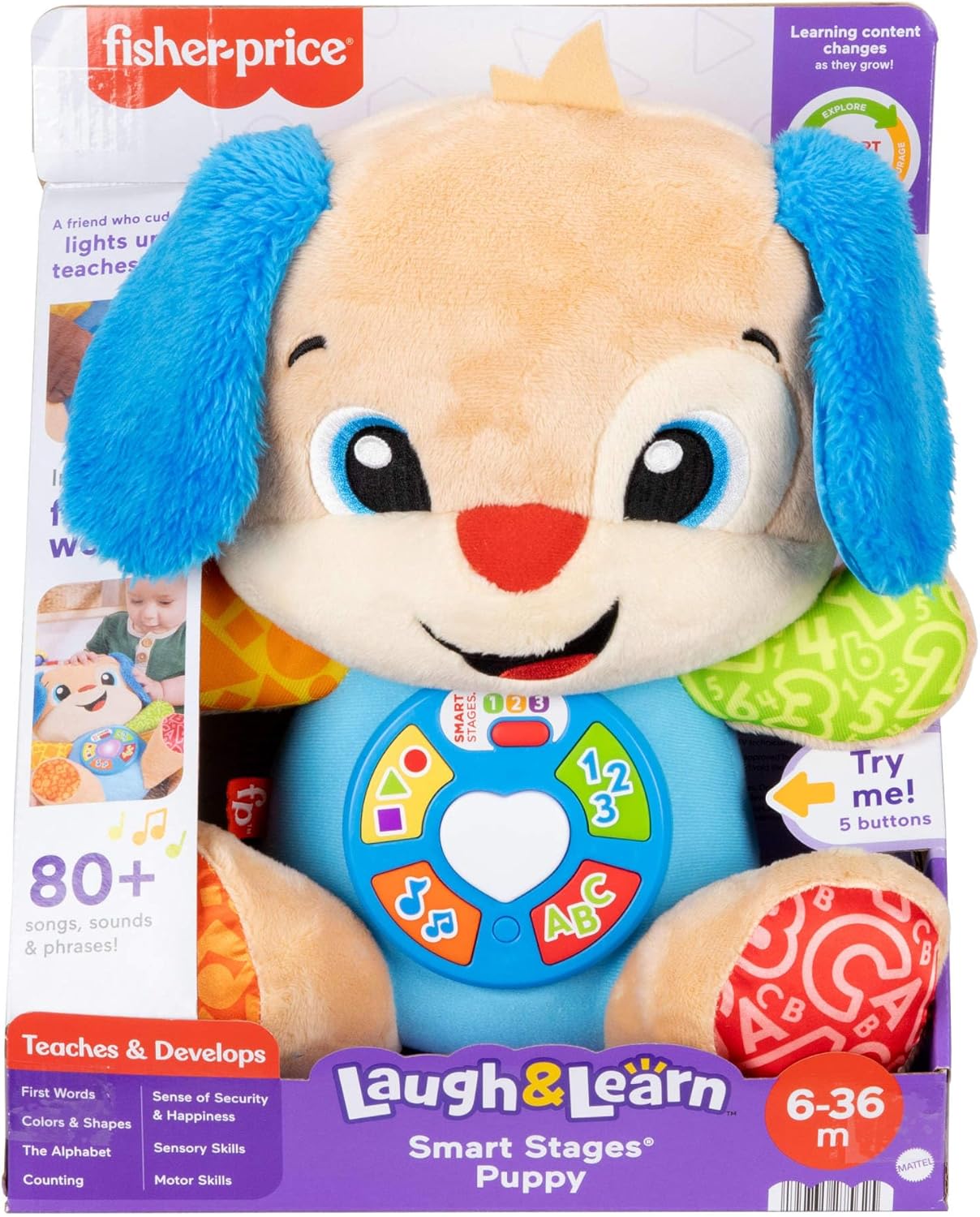 Fisher-Price Brinquedo de Pelúcia Educativo Musical Smart Stages Laugh & Learn JFD26 para Bebês a partir de 6 Meses, Versão Multilíngue: Italiano, Espanhol, Português e Inglês