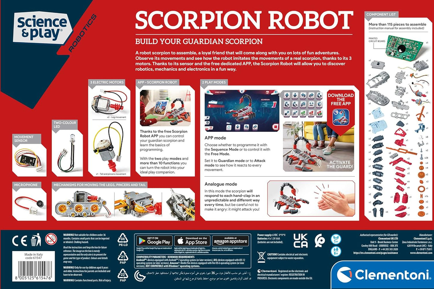 Clementoni- Science & Play: Kit de construção de robô Mecha Scorpion para crianças, brinquedo educacional STEM para aprender robótica e mecânica, desenvolver habilidades de engenharia (mais de 8 anos)
