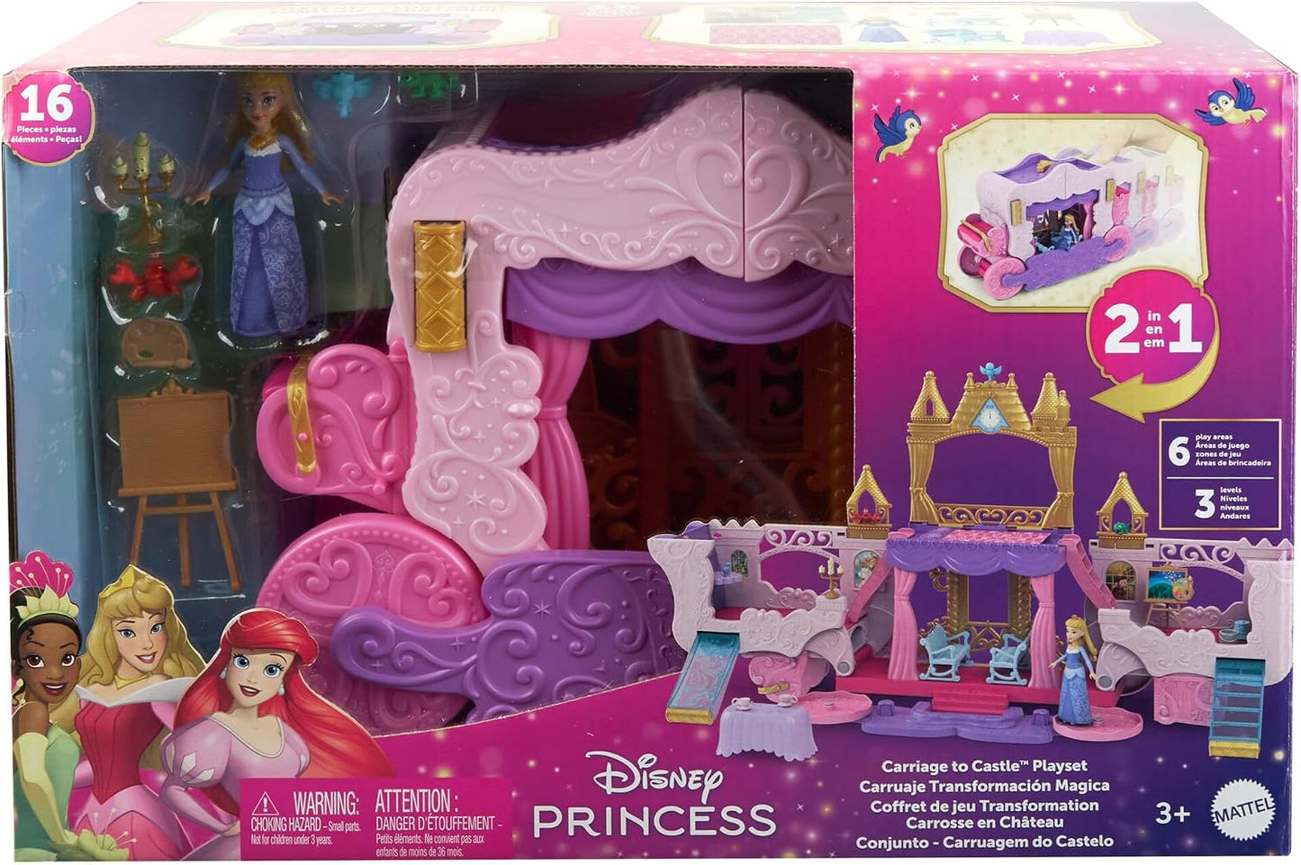 Mattel Conjunto de Brinquedo Disney Princess: Carruagem que se Transforma em Castelo | Inclui Boneca Pequena Articulada da Aurora e Conjunto 2 em 1 com 4 Figuras de Personagens, Móveis e Acessórios – Inspirado nos Filmes, HWX17