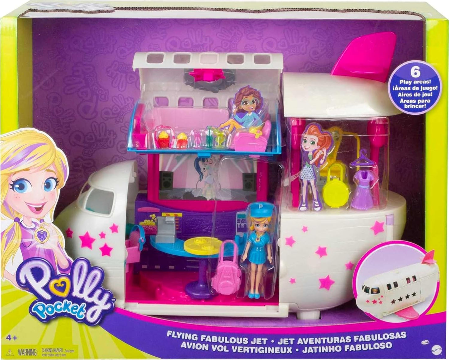 Polly Pocket Travel Toy Playset com boneca e acessórios de 3 polegadas, transformando fabuloso brinquedo de avião a jato voador