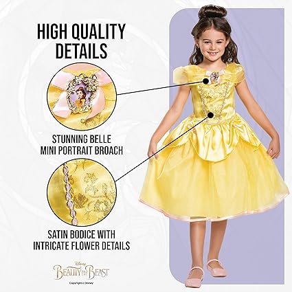 DISGUISE Disney Official Deluxe Princess Belle Dress Up para meninas, Belle Costume Kids, Beauty and the Beast Costume, Belle Fancy Dress Outfit, Fantasias do Dia Mundial do Livro para meninas