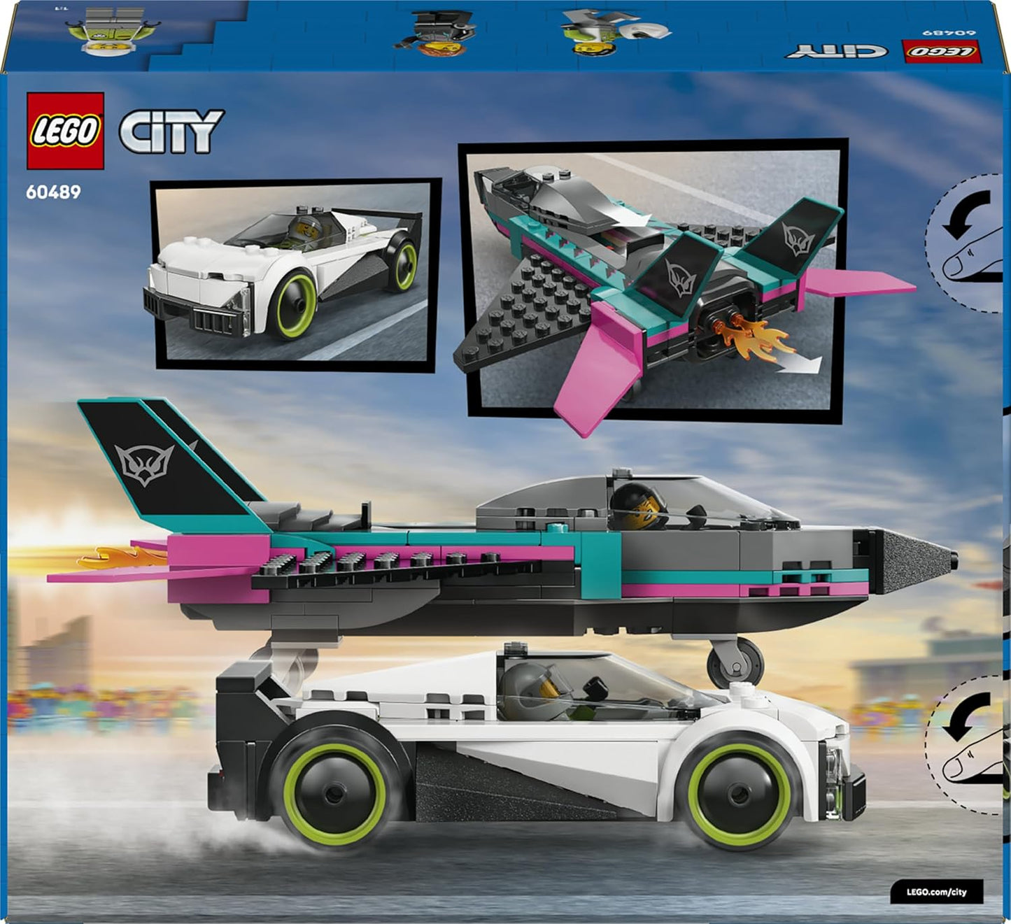 LEGO City Jato vs. Carro - Kit de Construção com Avião, Supercarro e Minifiguras de Piloto e Motorista - Ideia de Presente de Aniversário Criativa para Meninos a partir de 6 Anos - 60489