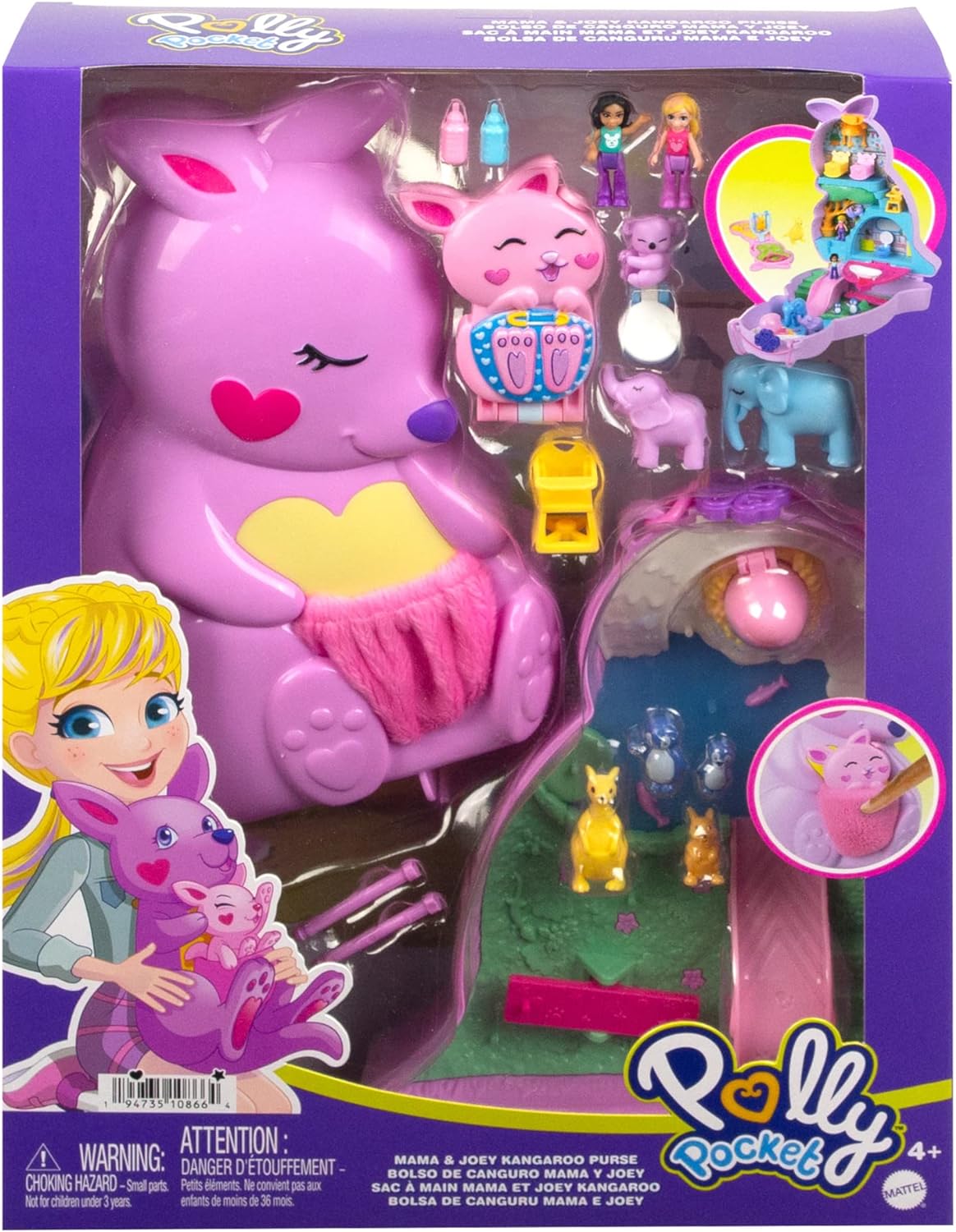 Polly Pocket, Mini brinquedos bolsa canguru Mama e Joey Conjunto compacto 2 em 1 com 2 micro bonecas e acessórios, brinquedos de viagem, HKV50
