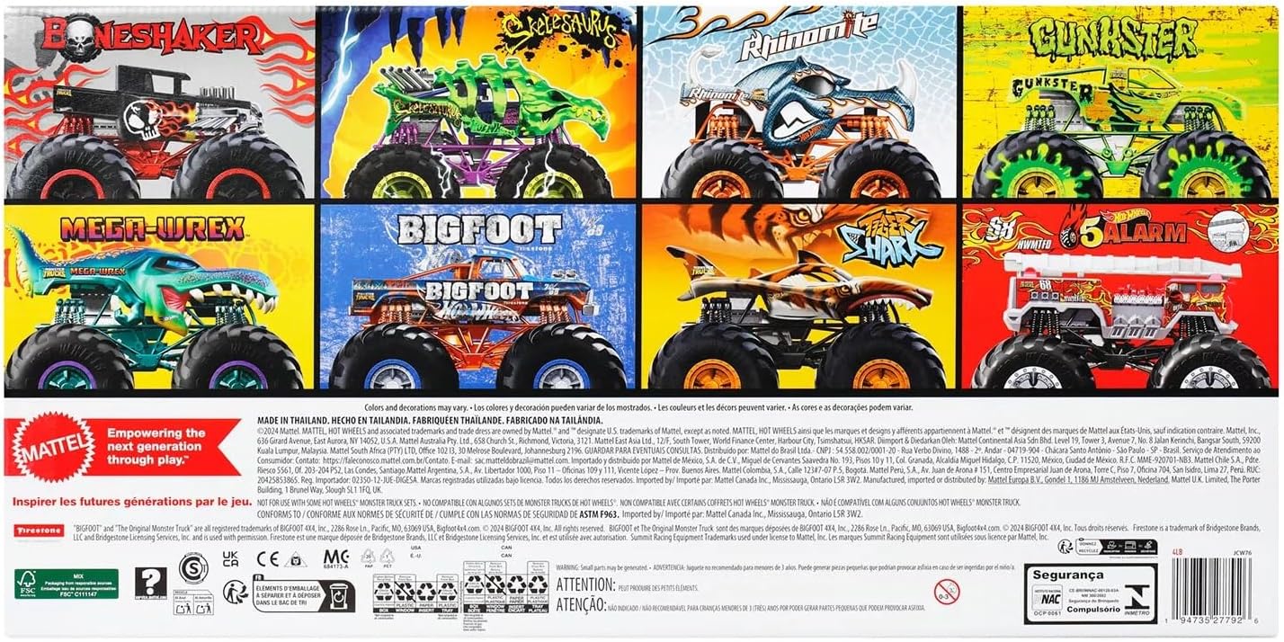 Hot Wheels Monster Trucks, conjunto de 8 caminhões de brinquedo em escala 1:64, feitos de metal fundido, apresentando personagens icônicos e favoritos dos fãs do Monster Trucks Live e da série do YouTube, JCW76.