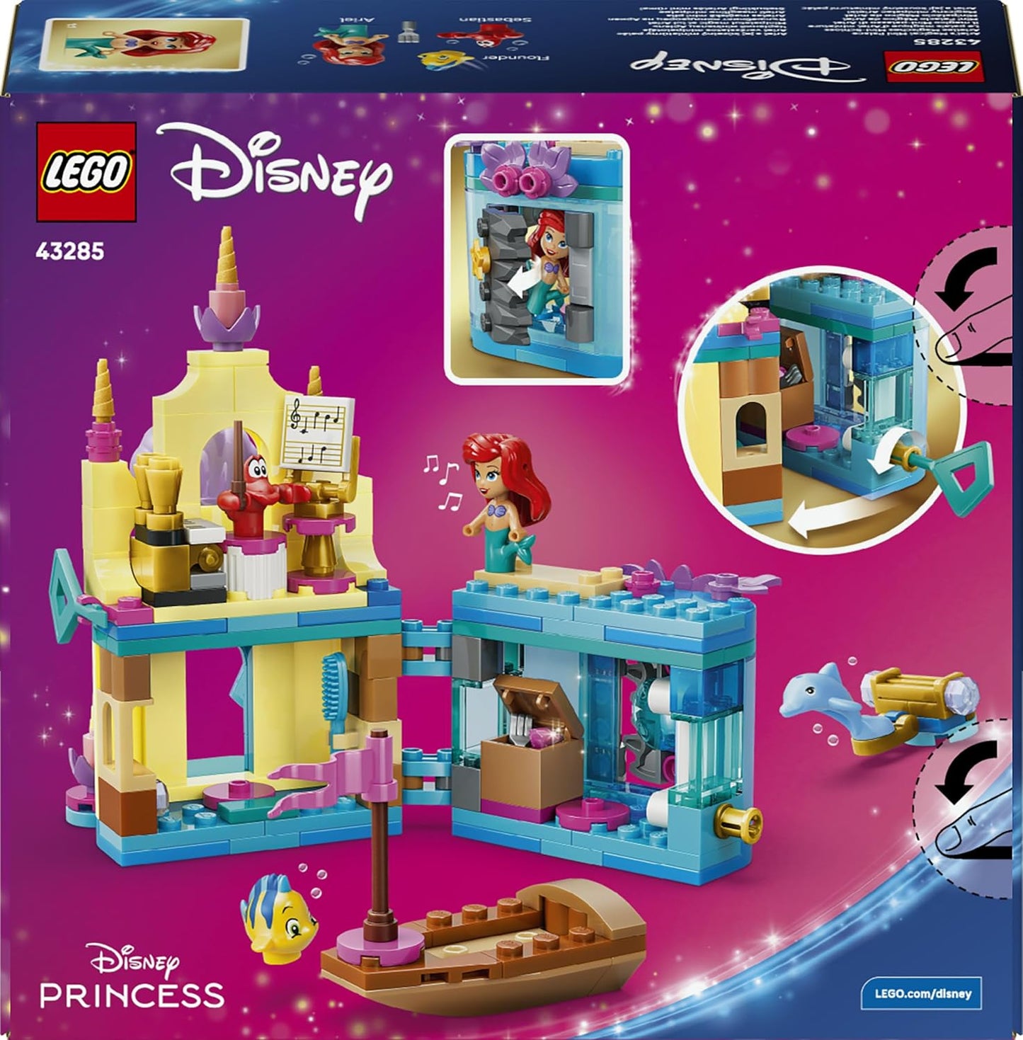 LEGO|Disney Princesa Ariel Mini Palácio Mágico - Castelo da Pequena Sereia com uma Micro Boneca e Figuras dos Animais Sebastião e Linguado - Presente para Meninas a partir de 5 Anos - 43285