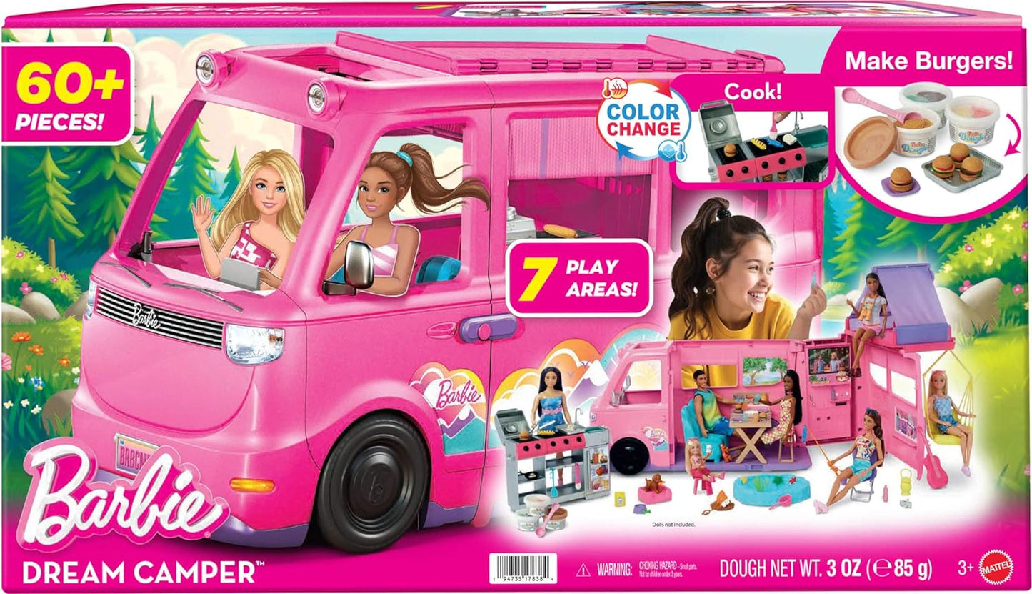 Barbie Conjunto de brinquedos Dream Camper com barraca de teto, cadeira de balanço, lago para pescar, churrasqueira com função de mudança de cor e mais de 60 acessórios, incluindo massinha de modelar, HRJ78