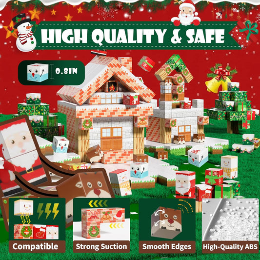 Uuoeebb 100 peças de blocos de construção magnéticos - Construa o meu mundo com telhas magnéticas de neve de Natal, cubos de construção magnéticos para crianças 3+