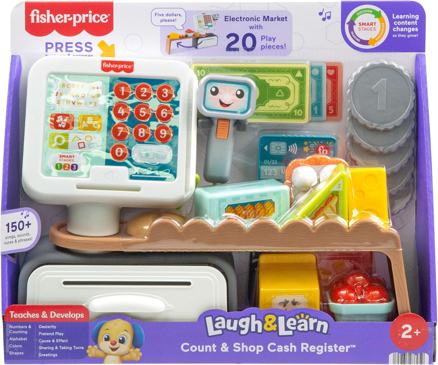 Brinquedo educativo Fisher-Price para crianças a partir de 2 anos: caixa registradora, loja de brincar com 20 peças, para brincar de contar e comprar. Versão multilíngue. JGW97