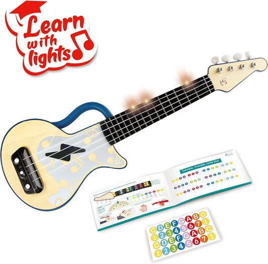 Hape E0625 - Aprende con Ukelele-Luces Azules | Ukelele eléctrico con cuerdas ajustables y luces guía para niños | 3+ años, negro