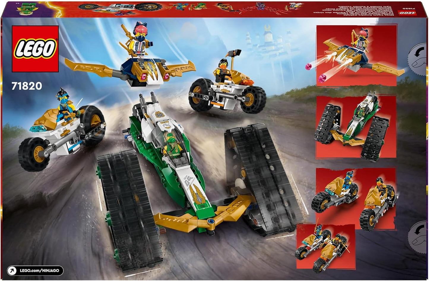 LEGO NINJAGO Ninja Team Combo Vehicle Brinquedo de aventura Ninja 4 em 1, com 2 motos, planador e 6 minifiguras Incl. Personagens Lloyd, Nya e Cole, presente de aniversário para meninos e meninas de mais de 9 anos 71820