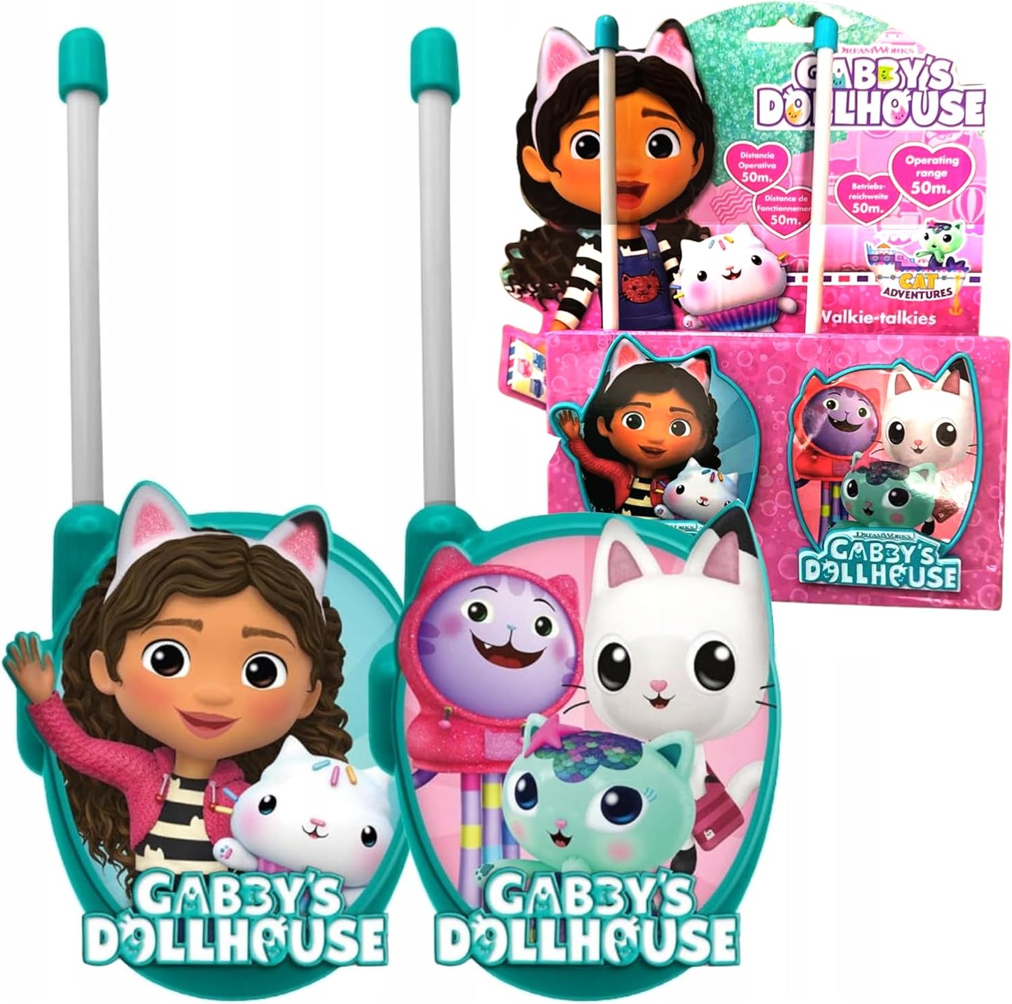 Gabby’s Dollhouse Walkie-talkies 3D para crianças a partir de 3 anos | Alcance de 50 m com antena integrada, botão de pressionar para falar, conjunto de brinquedo de comunicação leve | 2 unidades para presente