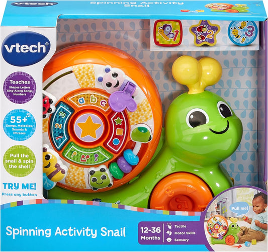 VTech Baby Spinning Activity Snail, 4 botões iluminados ensinam letras, números, formas e cores, quadro de atividades com materiais manipuláveis e classificador de formas, brinquedo interativo para 12, 24 meses +, versão em inglês