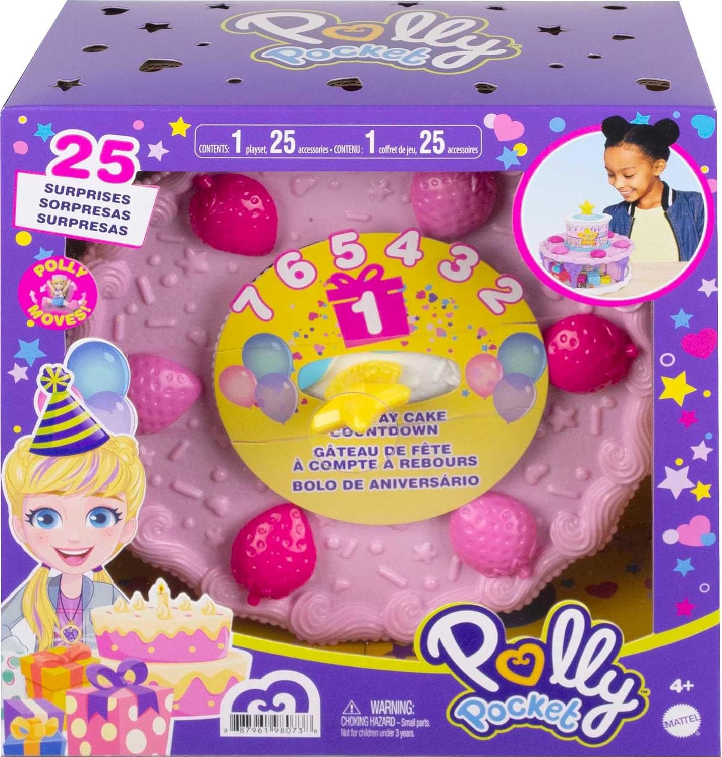 Polly Pocket Contagem regressiva do bolo de aniversário GYW06 para a semana de aniversário, formato e pacote de bolo de aniversário, 7 áreas de lazer, 25 surpresas, multicolorido, 10,16 cm * 18,66 cm * 18,66 cm