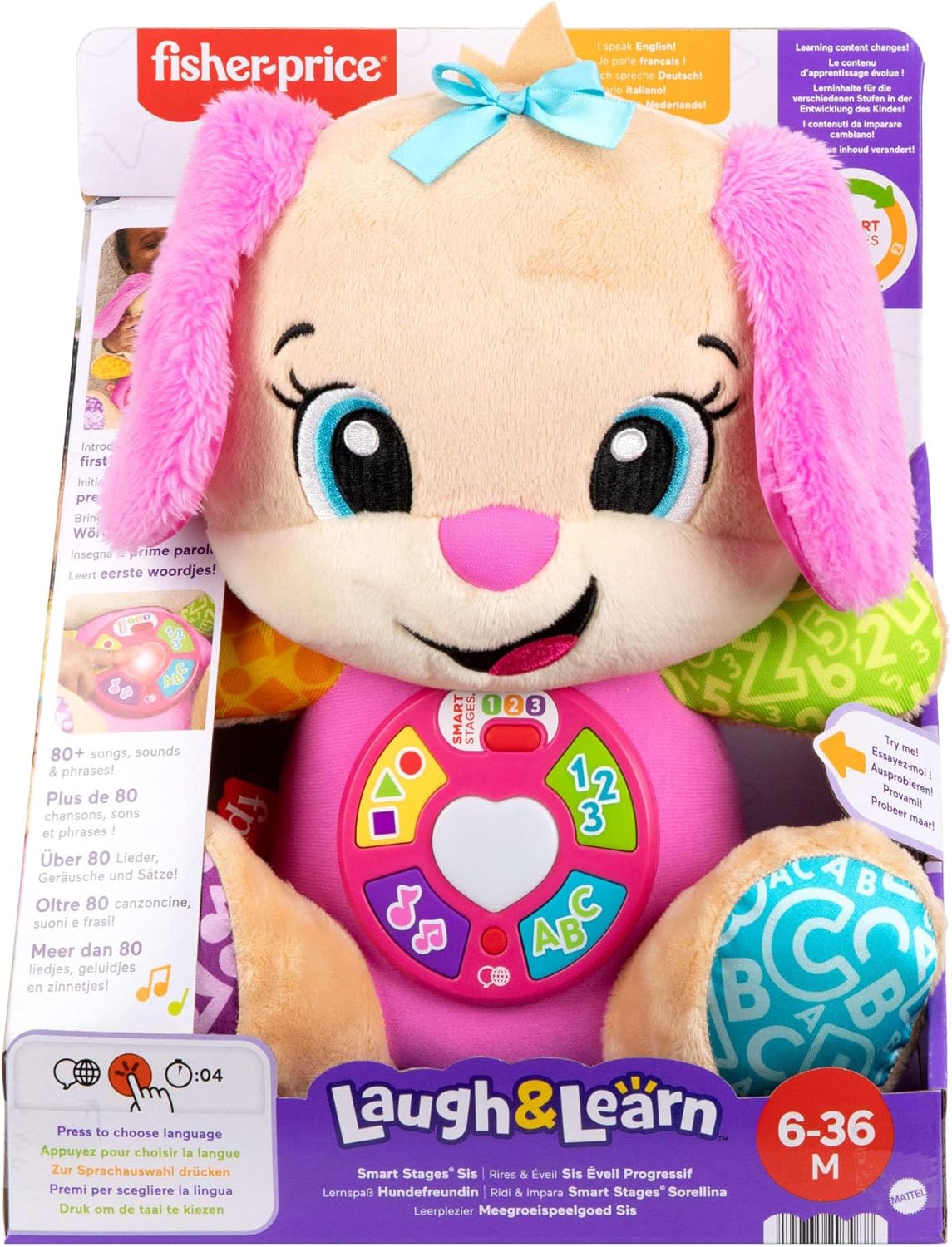 Brinquedo Educativo Fisher-Price Baby Laugh & Learn Smart Stages Sis, Pelúcia Musical Rosa com Smart Stages para Bebês a partir de 6 Meses, Versão Multilíngue: Holandês, Inglês, Francês, Alemão, Italiano, JFD31