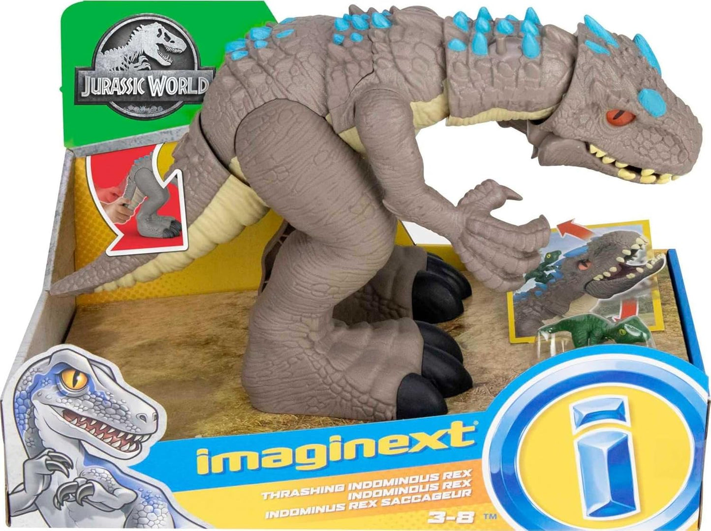 Imaginext Jurassic World Indominus Rex Dinossauro de Brinquedo com Ação de Movimento e Figura de Raptor para Brincadeiras de Faz de Conta para Crianças a partir de 3 Anos, GMR16