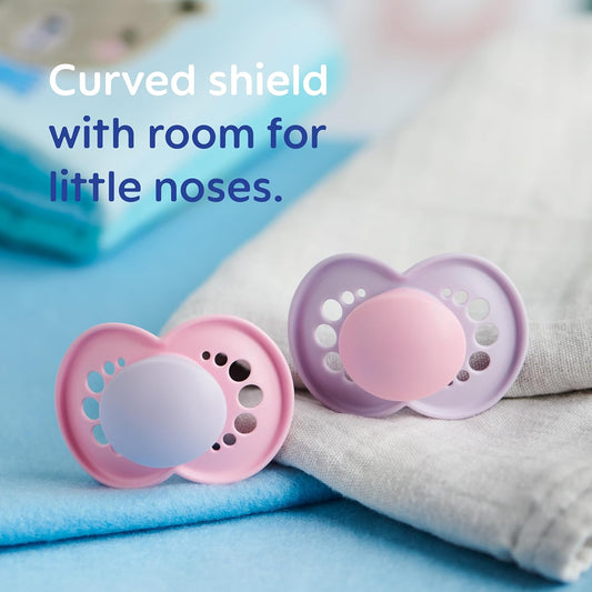 MAM Chupetas originais para mais de 16 meses (pacote com 2), chupetas para bebês com estojo de viagem autoesterilizante, itens essenciais para recém-nascidos, rosa/roxo (os designs podem variar)