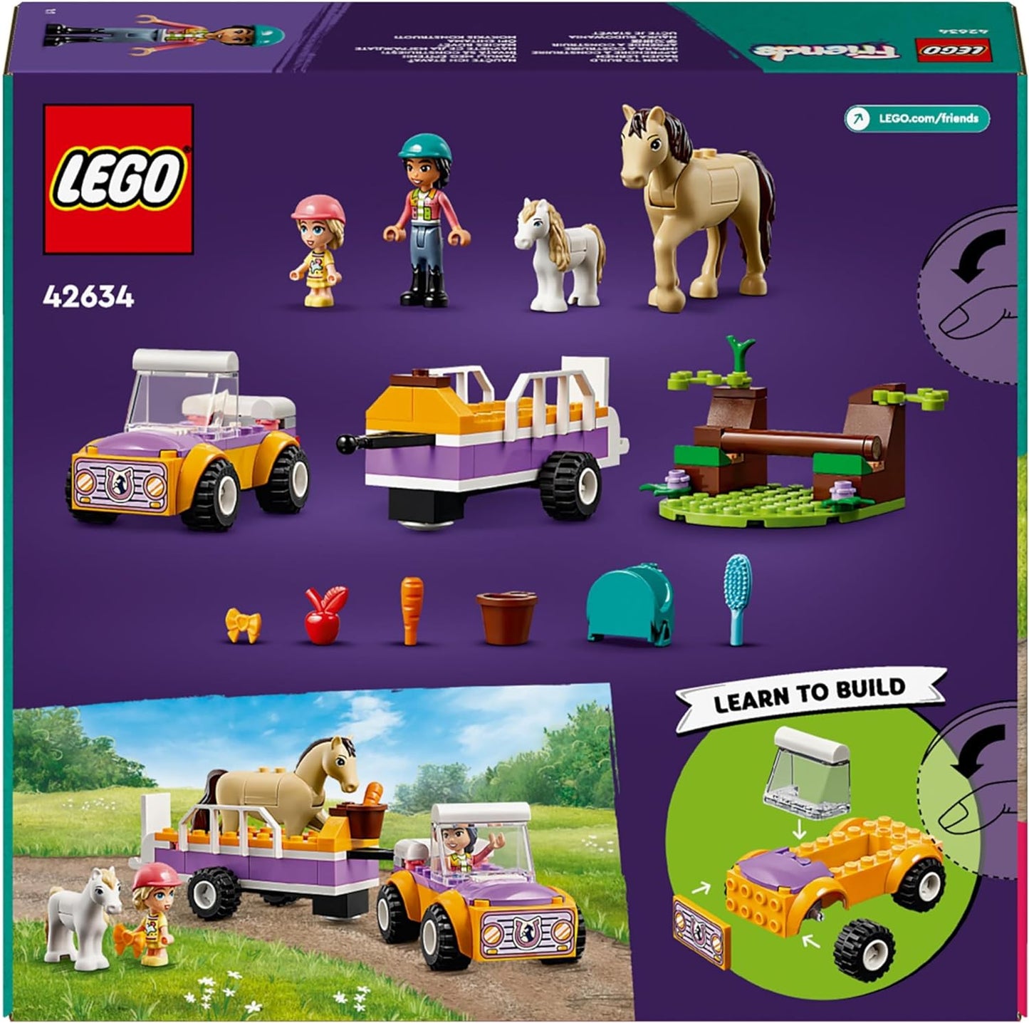 LEGO Friends Juego de remolque de caballos y ponis, juguetes de construcción de animales para niñas, niños y niños a partir de 4 años, con figuras de los personajes de Liann y Zoya y 2 caballos, idea de regalo para juego de simulación 42634