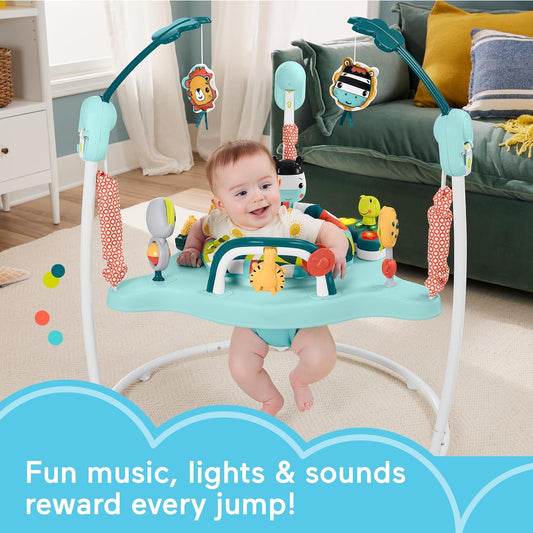 Fisher-Price Centro de atividades Baby Bouncer Colorful Corners Jumperoo com música, luzes, sons e brinquedos educativos, HNX59