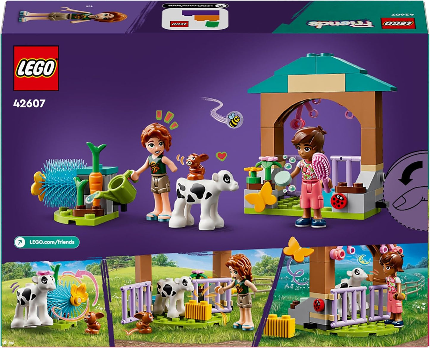 LEGO Friends Autumn's Baby Cow Shed, conjunto de brinquedos de animais de fazenda para meninas, meninos e crianças de 5 anos ou mais, com 2 personagens de miniboneca, figuras de bezerro e coelho 42607