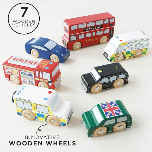 Le Toy Van - Conjunto icônico de jogos de carro de brinquedo com tema de madeira de Londres - Conjunto de 7 peças | Brinquedos de dramatização de veículos - adequados para crianças de 2 anos +