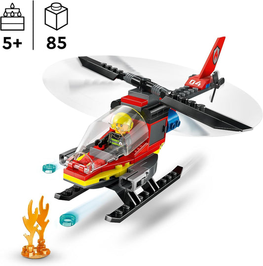 LEGO Brinquedo de helicóptero de resgate de bombeiros urbanos para meninos e meninas de 5 anos ou mais, conjunto de construção de veículos com minifigura piloto de bombeiro, presente de brincadeira imaginativo para crianças 60411