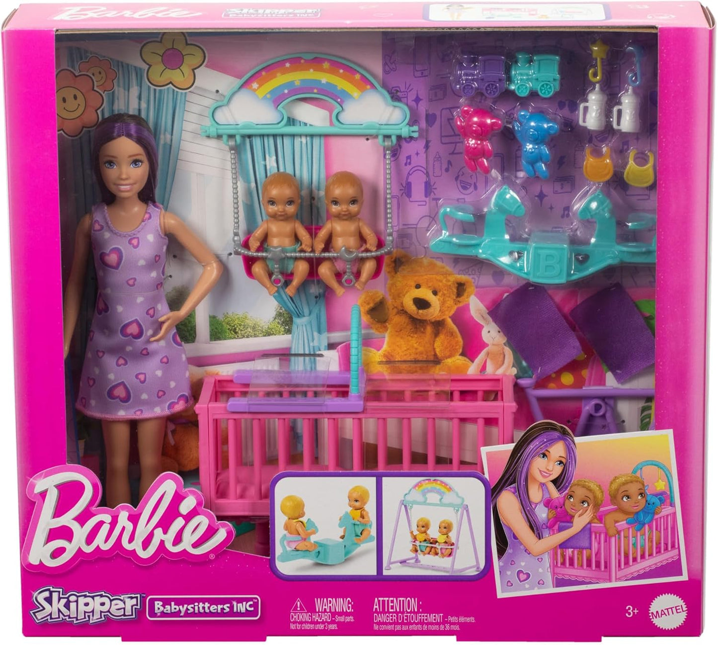 Barbie Skipper - Juego de muñeca y guardería con accesorios, incluye muñecas gemelas, 1 cuna, 1 columpio, 1 balancín y más, HXM99