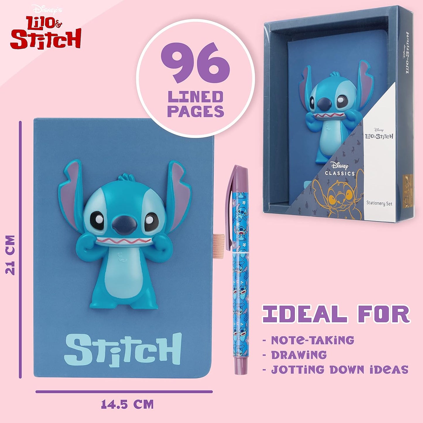 Disney Stitch Kids A5 Diario y bolígrafo, juego de papelería - Regalos de Stitch para niñas (azul 3D)