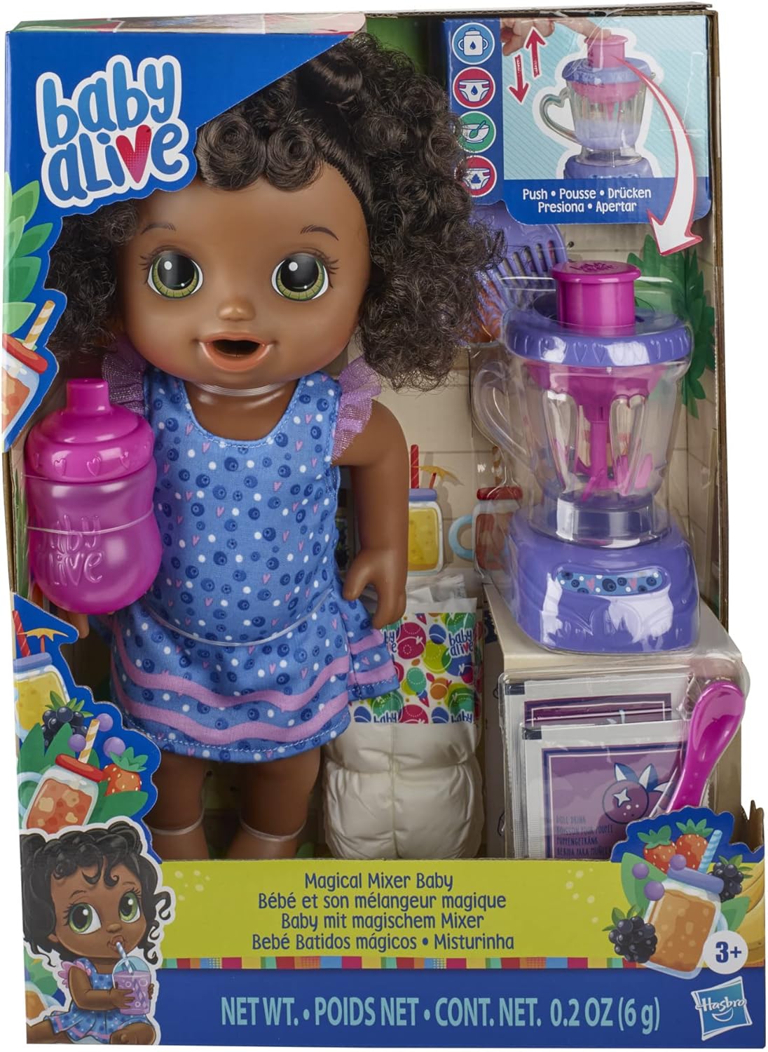 Baby Alive Magic Mixer Baby Doll Blueberry Blast com acessórios de liquidificador, bebidas, molha, come, brinquedo de cabelo preto para crianças a partir de 3 anos