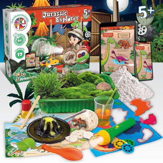Science4you Jurassic Explorer - Brinquedo de dinossauro para meninos e meninas de 4, 5 e 6 anos ou mais, Kit de ciências com mais de 24 experimentos e artesanatos para crianças: ovo, figura, vulcão, fósseis - presente para crianças