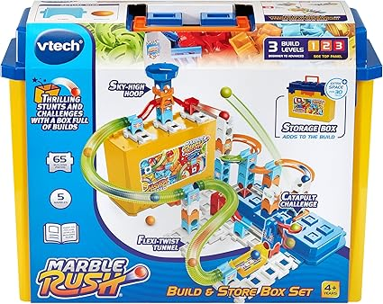 VTech Conjunto de caixa de construção e armazenamento Marble Rush, conjunto de construção para crianças, 5 bolinhas de gude e 62 peças de construção, Marble Run com lançador, brinquedo de construção, conjunto de pistas para 4, 5, 6 anos mais