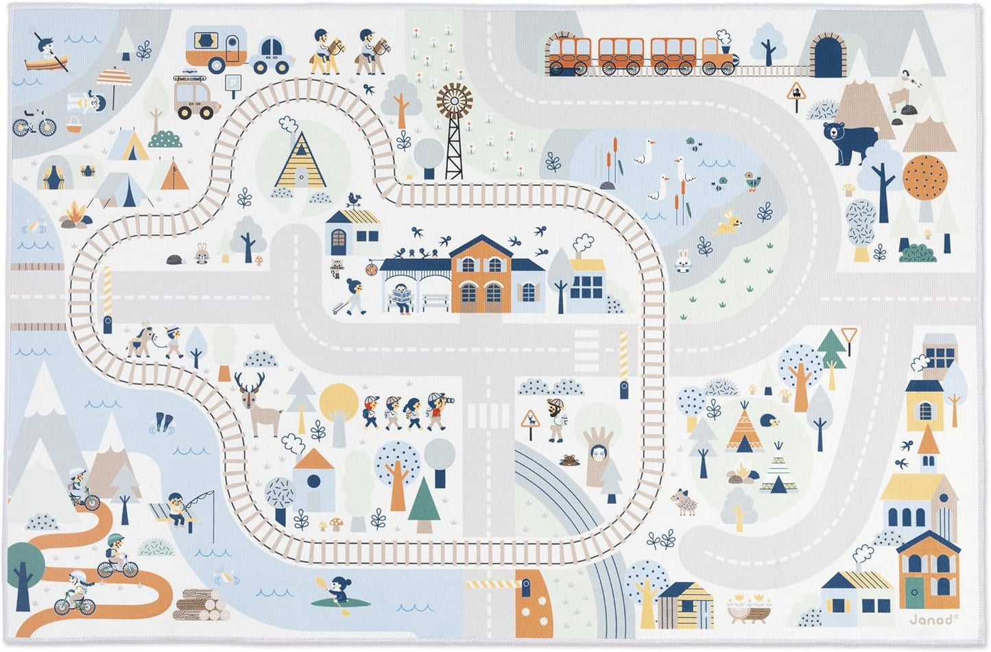 Janod - Tapis Voiture Enfant - Thème Ville - Doux & Anti-dérapant - Motif Urbain - Tapis de Jeux Chambre Fille & Garçon - 120 x 78cm - Lavável