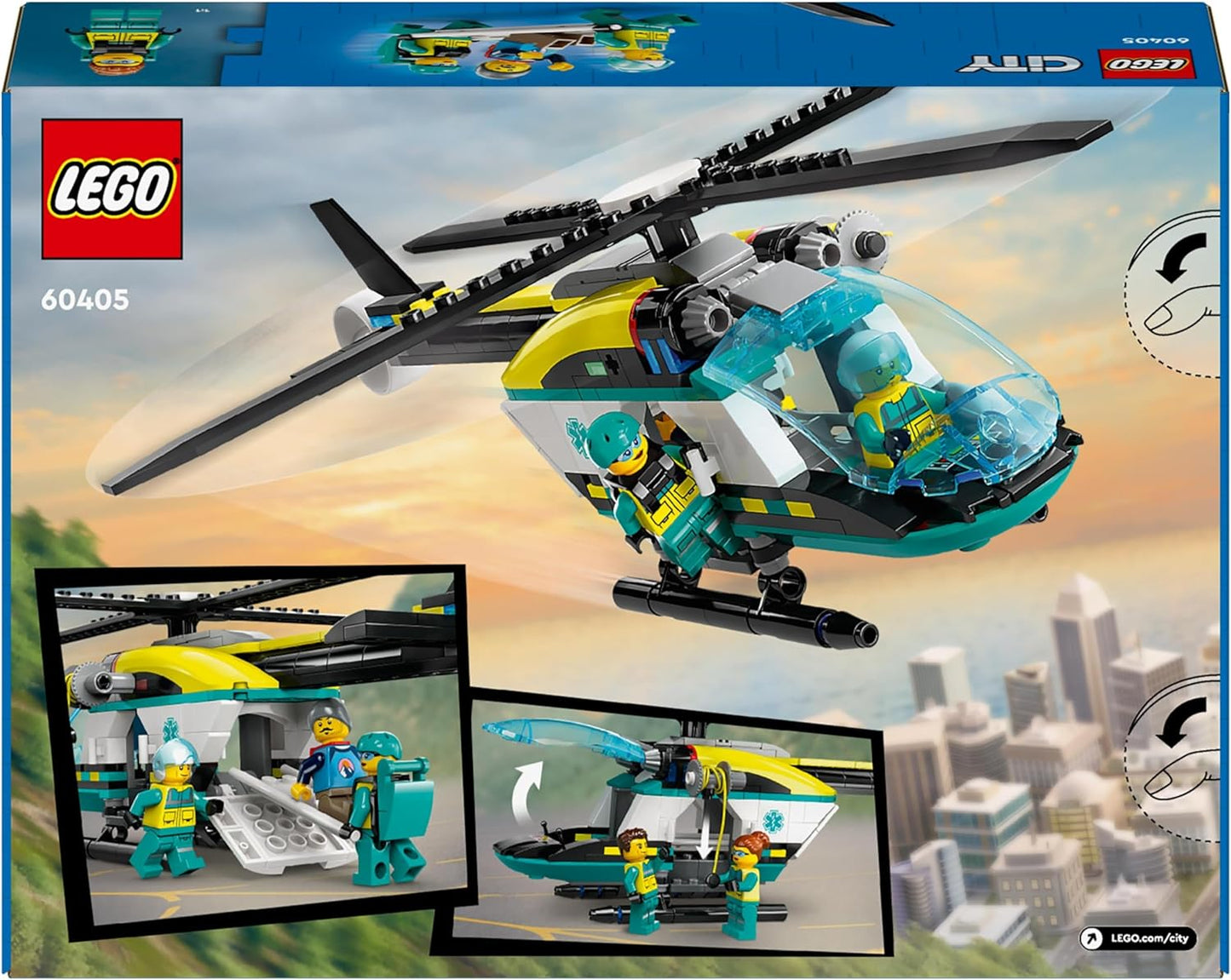 LEGO Brinquedo de helicóptero de resgate de emergência urbano para meninos e meninas de 6 anos ou mais, conjunto de construção de veículos com guincho, rotores giratórios e 3 minifiguras para brincadeiras imaginativas, presente de aniversário