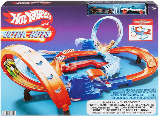Pista de Carrinhos Hot Wheels Ultra Hots Blast Launch Face-Off com 2 Veículos em Escala 1:64, Corrida e Acrobacias Frente a Frente, 2 Lançadores Acionados por Crianças, HXR71