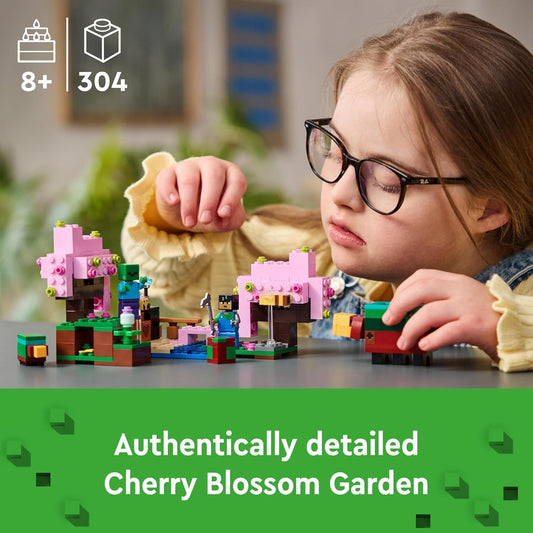 LEGO Minecraft O brinquedo de jardim em flor de cerejeira para meninos e meninas de 8 anos ou mais, com uma figura de personagem ensolarada, farejador, zumbi e abelhas, conjunto prático de videogame,